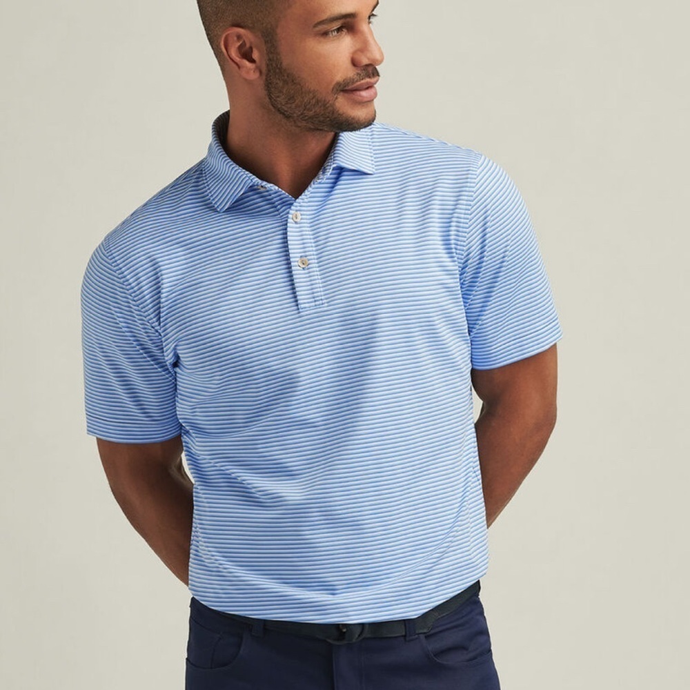 Peter Millar Summer Comfort Performance Jersey Blue Striped Polo Shirt Size LG